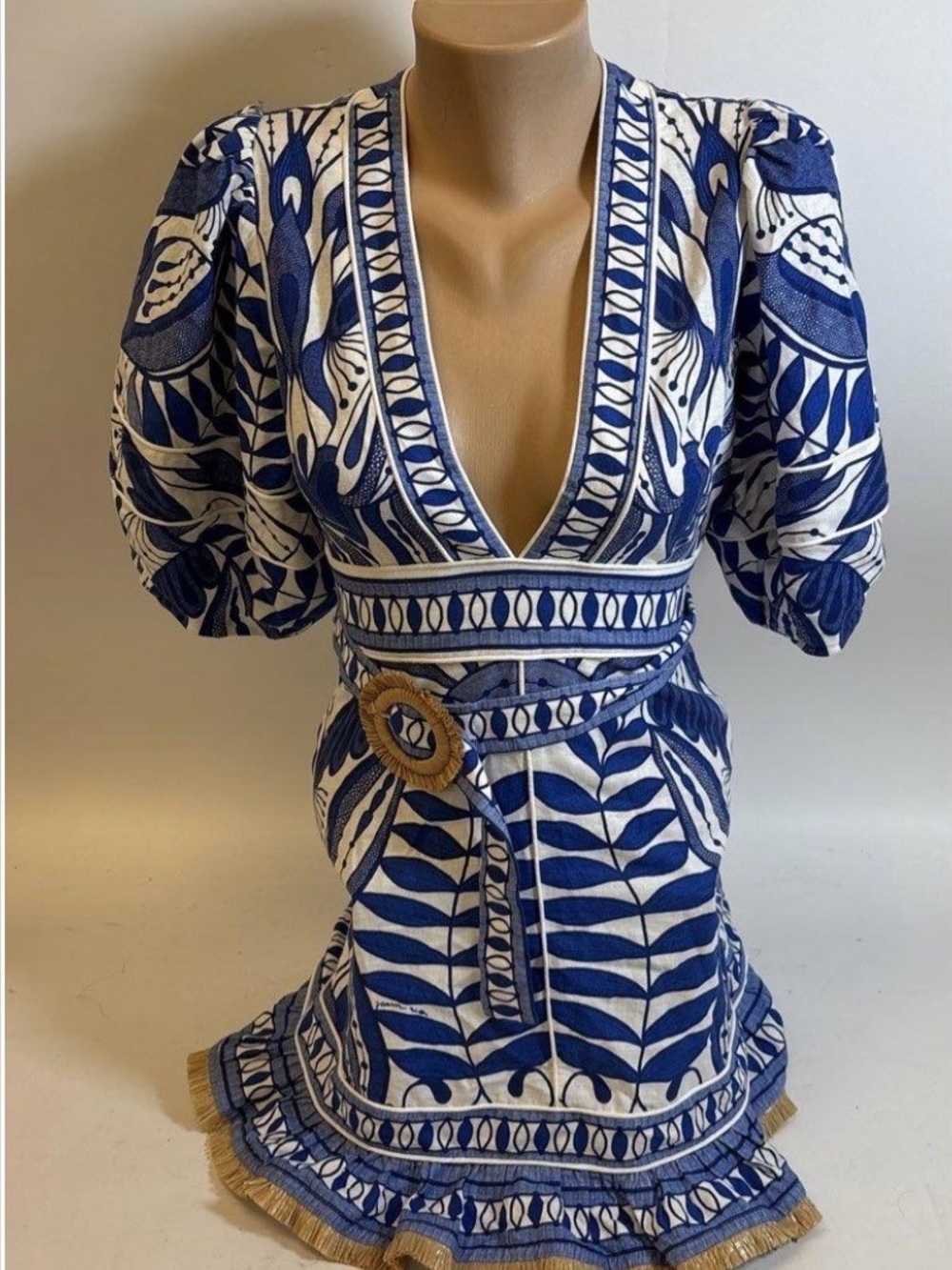 Farm Rio Linen Blend Lace Nature Puff-Sleeve V-Neck Belted Mini Dress - Picture 6 of 10